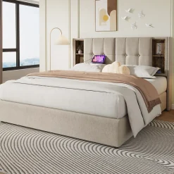 Lit 160x200 cm tete de lit avec rangement et ports USB Type C, tapisse lin, coffre a verins