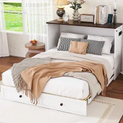 Lit 140x200 cm transformable en armoire, avec tiroirs de grande capacité, tête étagère et prises USB, blanc