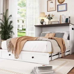 Lit 140x200 cm transformable en armoire, avec tiroirs de grande capacité, tête étagère et prises USB, blanc