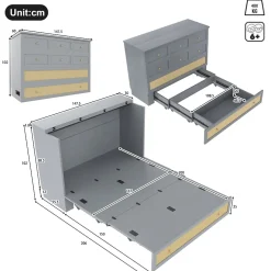 Lit 140x200 cm transformable en armoire, avec tiroirs de rangement et prise USB intégrée, finition grise MDF