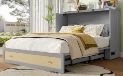 Lit 140x200 cm transformable en armoire, avec tiroirs de rangement et prise USB intégrée, finition grise MDF