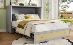 Lit 140x200 cm transformable en armoire, avec tiroirs de rangement et prise USB intégrée, finition grise MDF