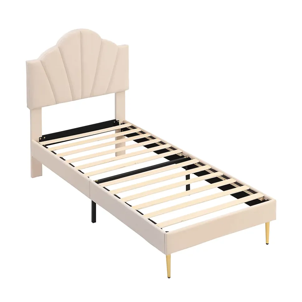 Lit 90x200 cm tête coquillage réglable, pieds métal doré, velours beige et sommier à lattes bois