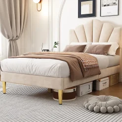 Lit 90x200 cm tête coquillage réglable, pieds métal doré, velours beige et sommier à lattes bois