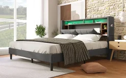 Lit 140x200 cm tête de lit avec rangement, ports USB et éclairage LED, cadre bois massif et tissu lin gris