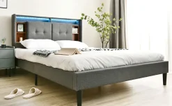 Lit 140x200 cm tête de lit avec rangement, ports USB et éclairage LED, cadre bois massif et tissu lin gris