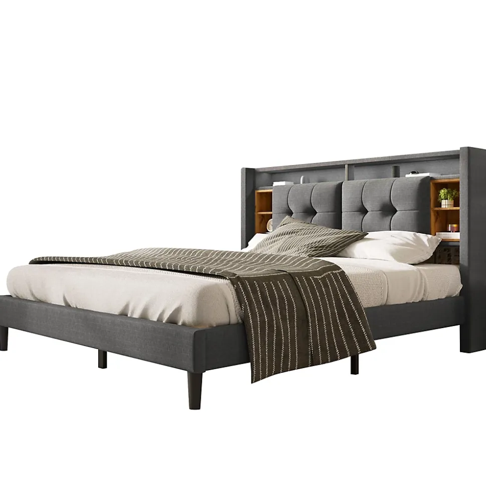 Lit 140x200 cm tête de lit avec rangement, ports USB et éclairage LED, cadre bois massif et tissu lin gris