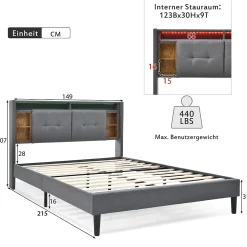 Lit 140x200 cm tête de lit avec rangement, ports USB et éclairage LED, cadre bois massif et tissu lin gris