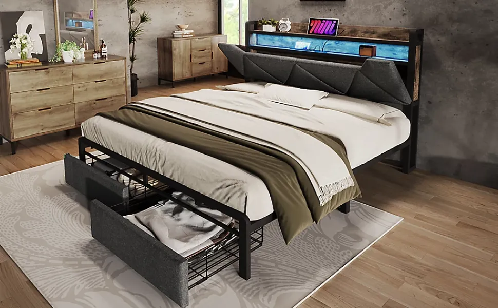 Lit 140x200 cm tête de lit avec rangement et tiroirs, cadre métal et tissu lin gris, LED et station USB