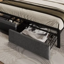 Lit 140x200 cm tête de lit avec rangement et tiroirs, cadre métal et tissu lin gris, LED et station USB