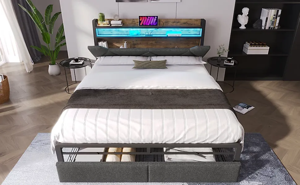 Lit 140x200 cm tête de lit avec rangement et tiroirs, cadre métal et tissu lin gris, LED et station USB
