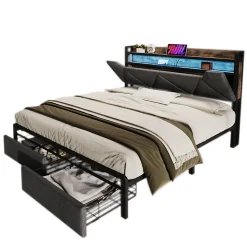 Lit 140x200 cm tête de lit avec rangement et tiroirs, cadre métal et tissu lin gris, LED et station USB