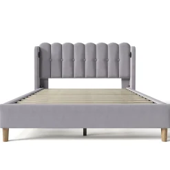 Lit 160x200 cm tête de lit capitonnée avec ports USB et Type-C, cadre tapissé lin gris