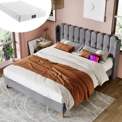 Lit 160x200 cm tête de lit capitonnée avec ports USB et Type-C, cadre tapissé lin gris
