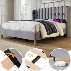 Lit 160x200 cm tête de lit capitonnée avec ports USB et Type-C, cadre tapissé lin gris