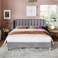 Lit 160x200 cm tête de lit capitonnée avec ports USB et Type-C, cadre tapissé lin gris