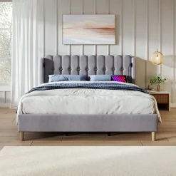 Lit 160x200 cm tête de lit capitonnée avec ports USB et Type-C, cadre tapissé lin gris