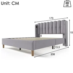 Lit 160x200 cm tête de lit capitonnée avec ports USB et Type-C, cadre tapissé lin gris