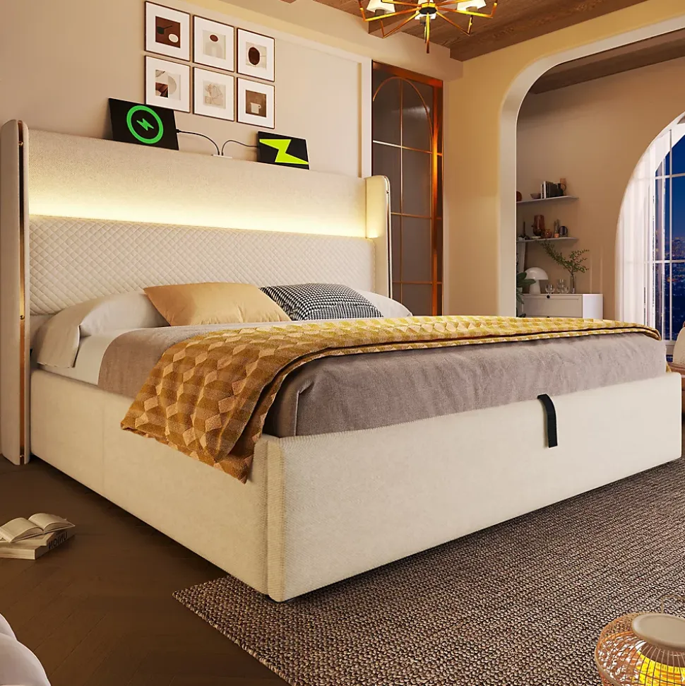 Lit 180x200 cm tête de lit haute tapissée lin, coffre de rangement hydraulique et éclairage LED intégré