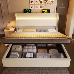 Lit 180x200 cm tête de lit haute tapissée lin, coffre de rangement hydraulique et éclairage LED intégré