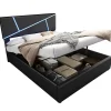 Lit 140x200 cm tête de lit rembourrée avec éclairage LED pilotable et coffre hydraulique, revêtement PU noir