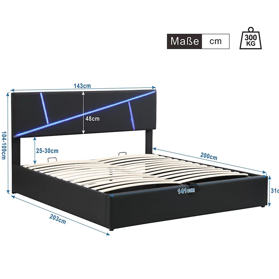Lit 140x200 cm tête de lit rembourrée avec éclairage LED pilotable et coffre hydraulique, revêtement PU noir