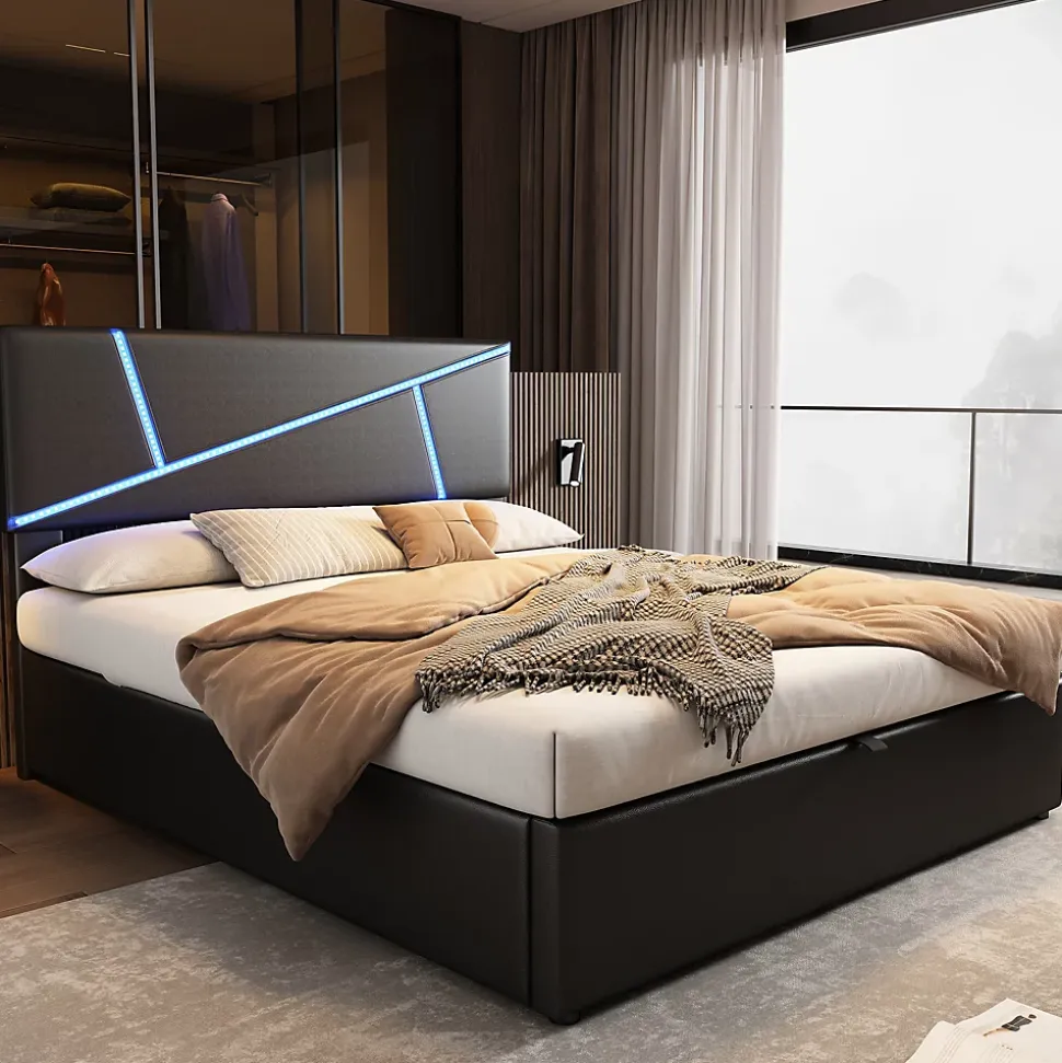 Lit 140x200 cm tête de lit rembourrée avec éclairage LED pilotable et coffre hydraulique, revêtement PU noir