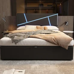 Lit 140x200 cm tête de lit rembourrée avec éclairage LED pilotable et coffre hydraulique, revêtement PU noir