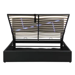 Lit 140x200 cm tête de lit rembourrée avec éclairage LED pilotable et coffre hydraulique, revêtement PU noir