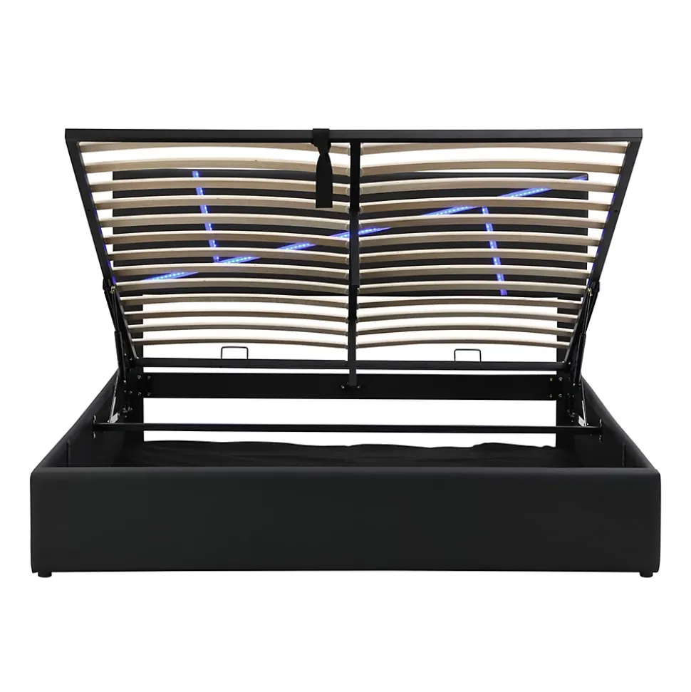 Lit 140x200 cm tête de lit rembourrée avec éclairage LED pilotable et coffre hydraulique, revêtement PU noir
