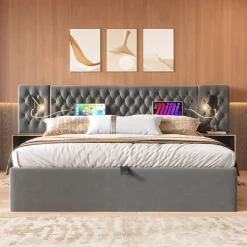 Lit 180x200 cm, tête de lit velours gris et rangement hydraulique, deux chevets finition bois avec USB/Type-C