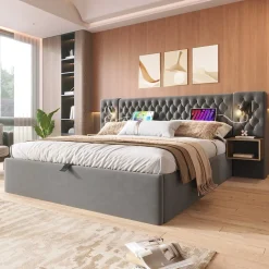 Lit 180x200 cm, tête de lit velours gris et rangement hydraulique, deux chevets finition bois avec USB/Type-C