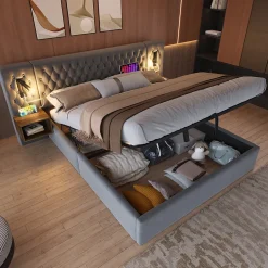 Lit 180x200 cm, tête de lit velours gris et rangement hydraulique, deux chevets finition bois avec USB/Type-C