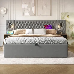 Lit 180x200 cm, tête de lit velours gris et rangement hydraulique, deux chevets finition bois avec USB/Type-C