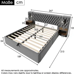 Lit 180x200 cm, tête de lit velours gris et rangement hydraulique, deux chevets finition bois avec USB/Type-C