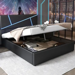 Lit 90x200 cm tête rembourrée LED contrôlable, rangement hydraulique, PU noir, sommier 13 lattes