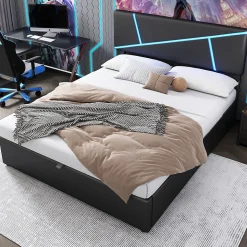 Lit 90x200 cm tête rembourrée LED contrôlable, rangement hydraulique, PU noir, sommier 13 lattes