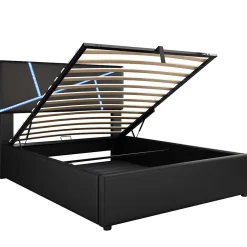 Lit 90x200 cm tête rembourrée LED contrôlable, rangement hydraulique, PU noir, sommier 13 lattes