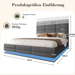 Lit 140x200 cm velours gris foncé, tête de lit réglable 3 positions et grand coffre hydraulique intégré