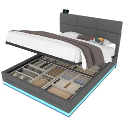 Lit 140x200 cm velours gris foncé, tête de lit réglable 3 positions et grand coffre hydraulique intégré