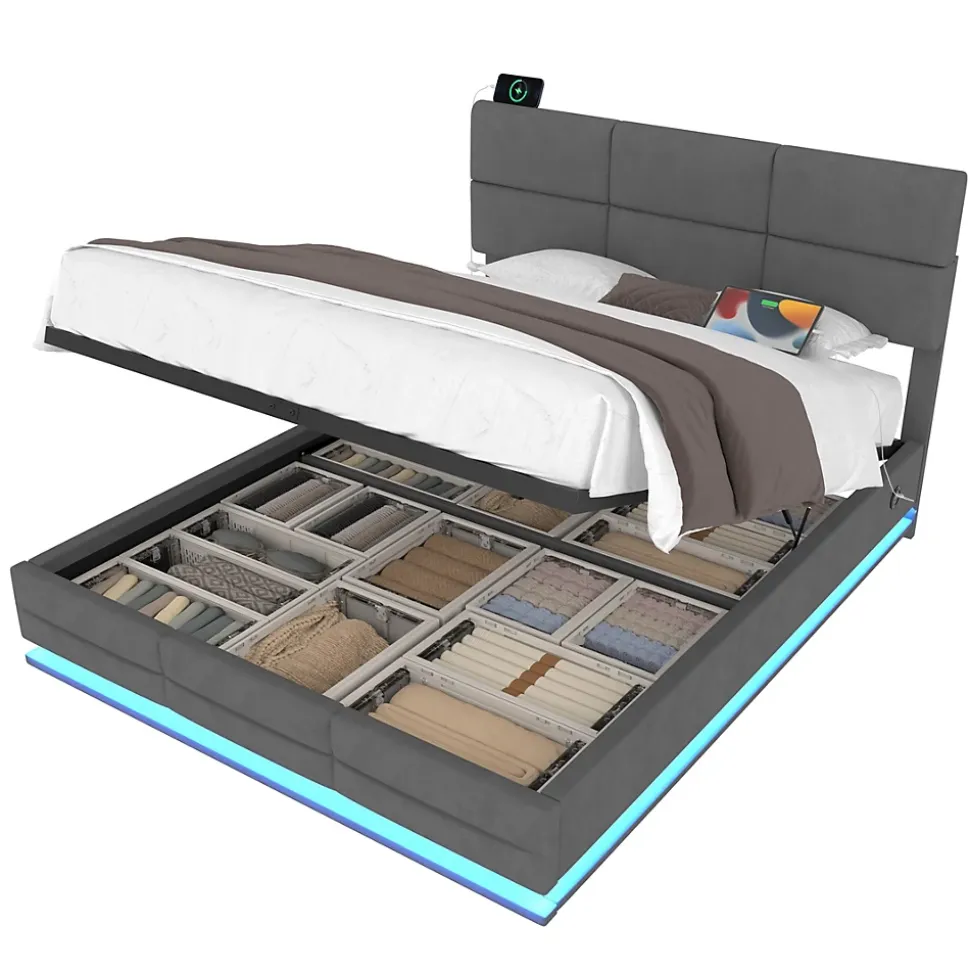 Lit 140x200 cm velours gris foncé, tête de lit réglable 3 positions et grand coffre hydraulique intégré