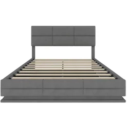 Lit 140x200 cm velours gris foncé, tête de lit réglable 3 positions et grand coffre hydraulique intégré