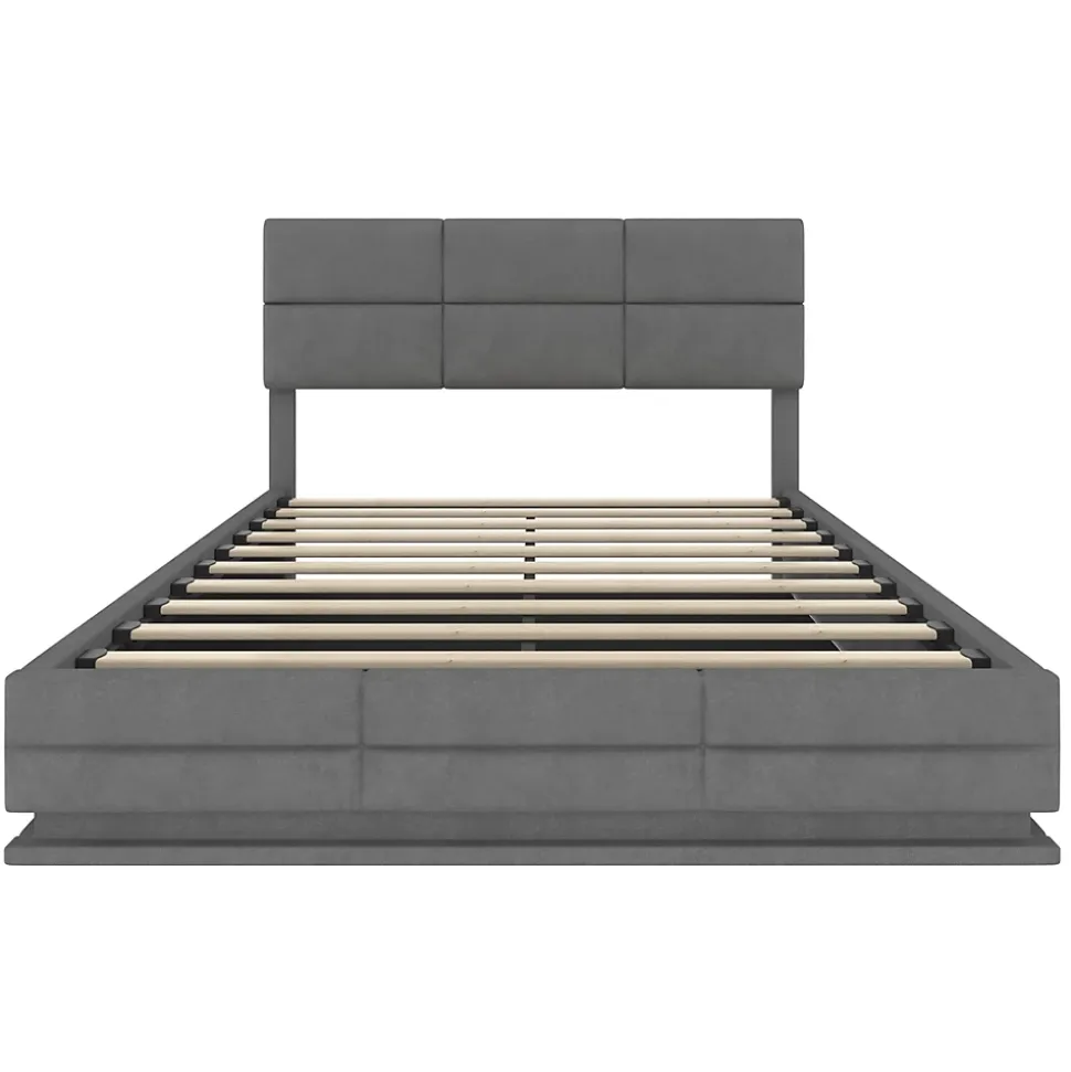 Lit 140x200 cm velours gris foncé, tête de lit réglable 3 positions et grand coffre hydraulique intégré