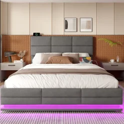 Lit 140x200 cm velours gris foncé, tête de lit réglable 3 positions et grand coffre hydraulique intégré