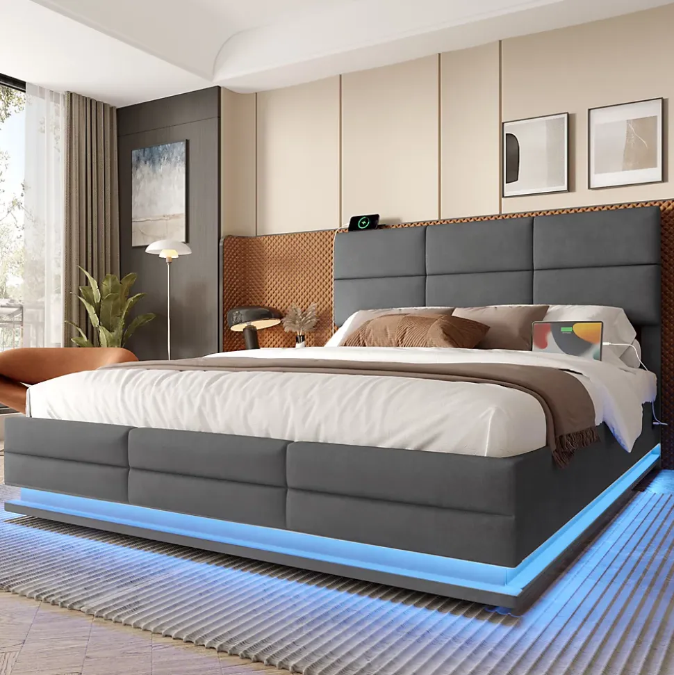 Lit 140x200 cm velours gris foncé, tête de lit réglable 3 positions et grand coffre hydraulique intégré