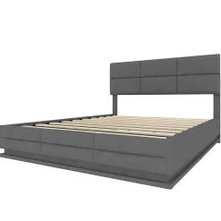 Lit 140x200 cm velours gris foncé, tête de lit réglable 3 positions et grand coffre hydraulique intégré