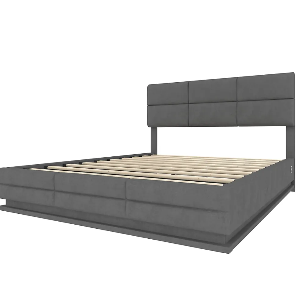 Lit 140x200 cm velours gris foncé, tête de lit réglable 3 positions et grand coffre hydraulique intégré