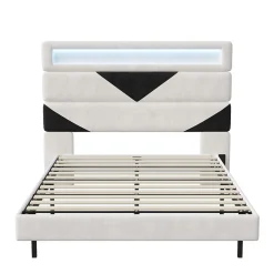 Lit 160x200 cm,avec port de chargement USB et éclairage LED,Cadre de lit, lit flottant avec Tête de lit triangle,Lit adulte,Blanc