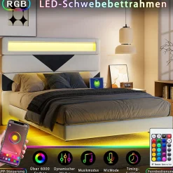 Lit 160x200 cm,avec port de chargement USB et éclairage LED,Cadre de lit, lit flottant avec Tête de lit triangle,Lit adulte,Blanc