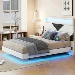 Lit 160x200 cm,avec port de chargement USB et éclairage LED,Cadre de lit, lit flottant avec Tête de lit triangle,Lit adulte,Blanc